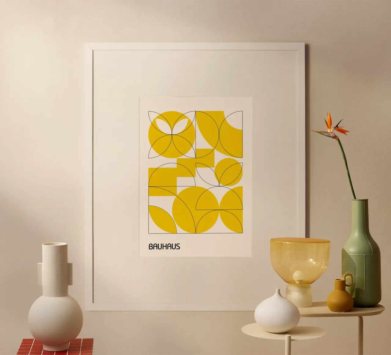 Bauhaus Yellow Geometry Print | Abstract Circles & Squares hahnemühle by Grungeo