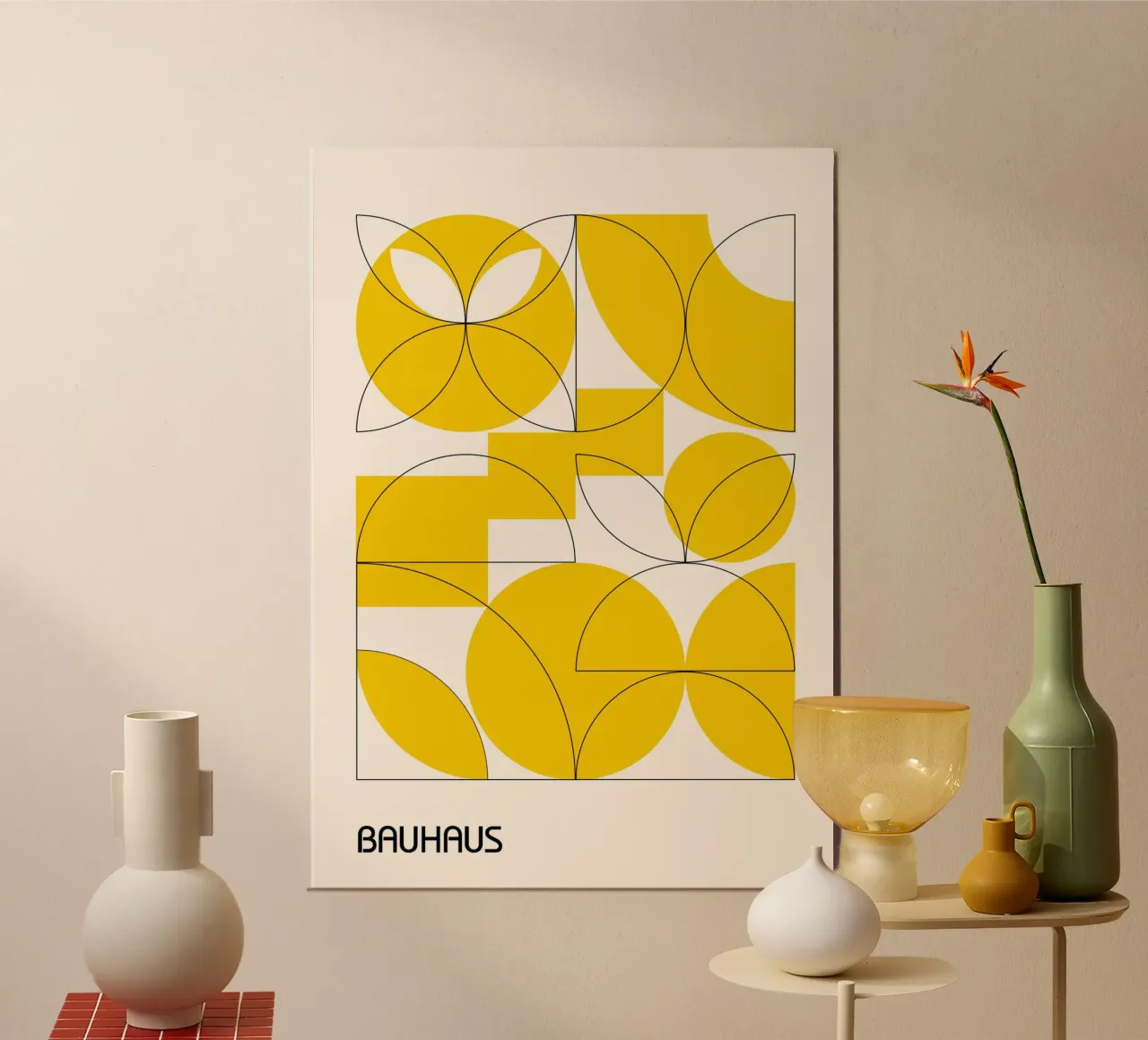 Bauhaus Yellow Geometry Print | Abstract Circles & Squares hahnemühle by Grungeo