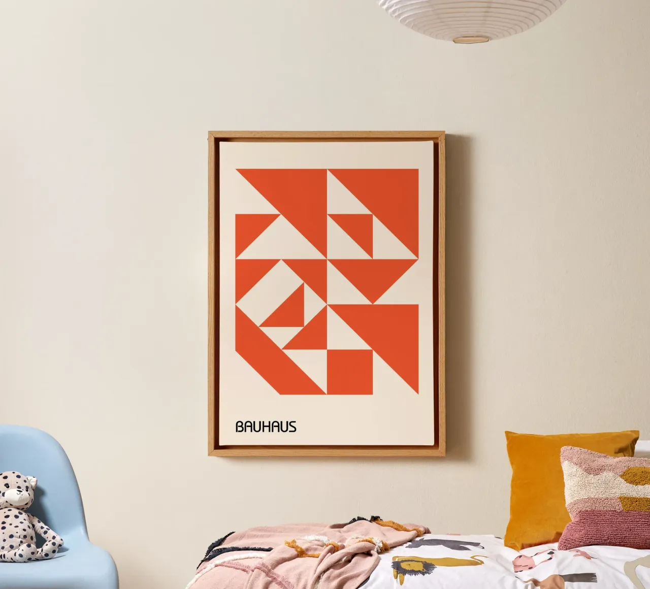 Bauhaus Orange Triangles Abstract Print | Modern Geometric canvas by Grungeo