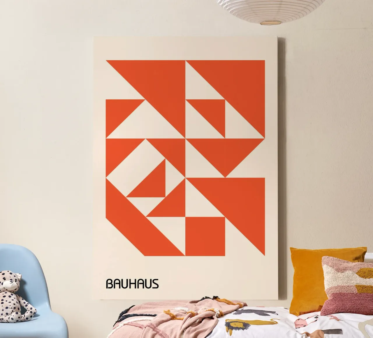 Bauhaus Orange Triangles Abstract Print | Modern Geometric canvas by Grungeo