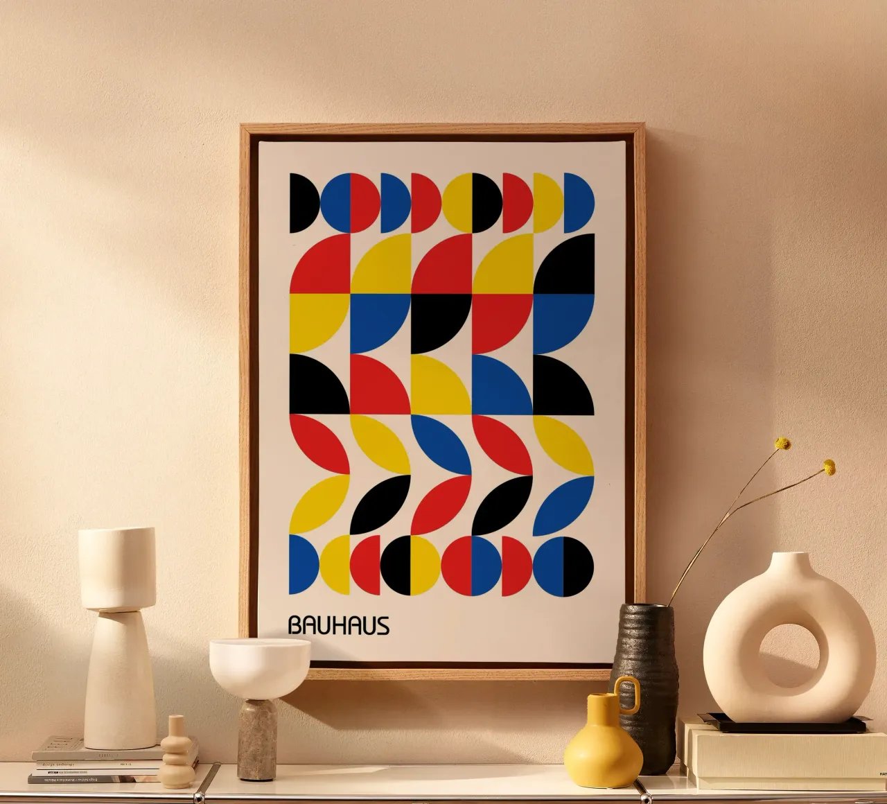 Bauhaus Primaire Kleuren Patroon Print | Rood Blauw Geel Raster canvas van Grungeo