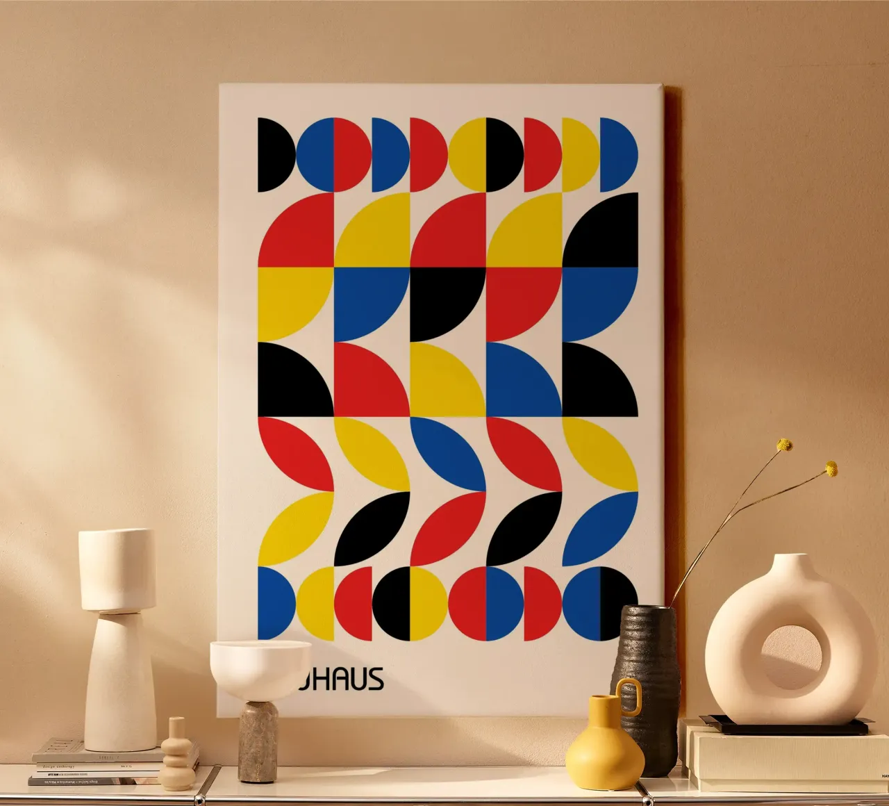 Bauhaus Primaire Kleuren Patroon Print | Rood Blauw Geel Raster canvas van Grungeo