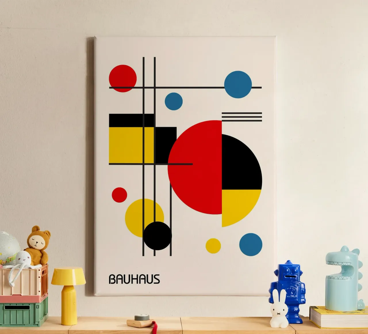 Bauhaus abstracte cirkels en raster - primaire kleuren pop canvas van Grungeo