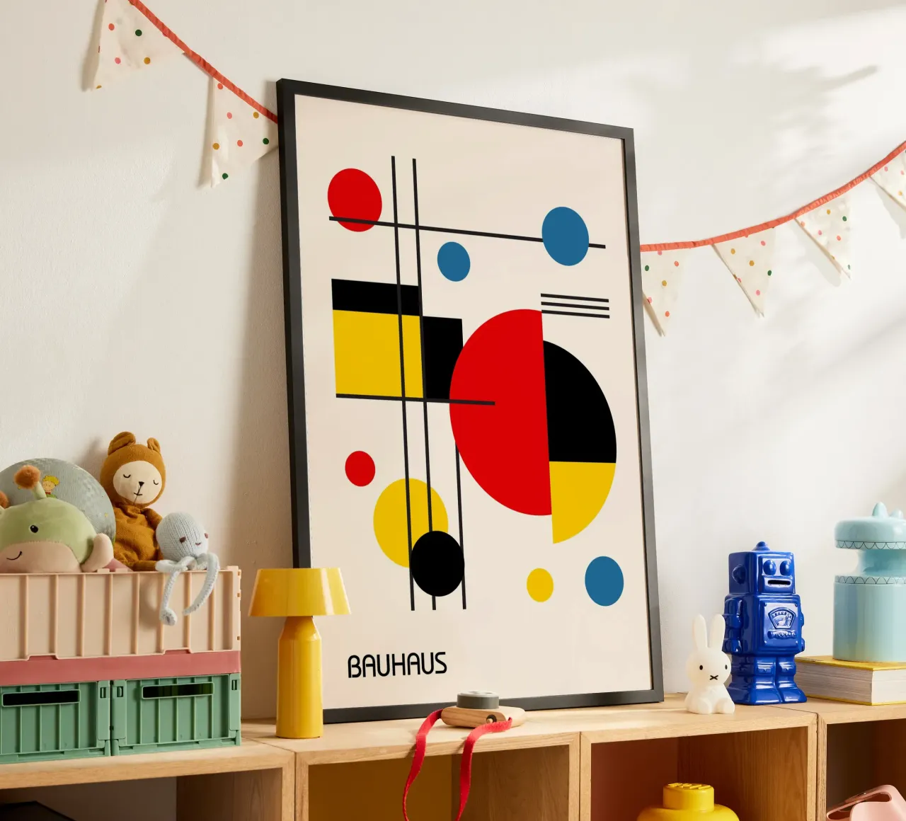 Bauhaus abstracte cirkels en raster - primaire kleuren pop hahnemühle van Grungeo