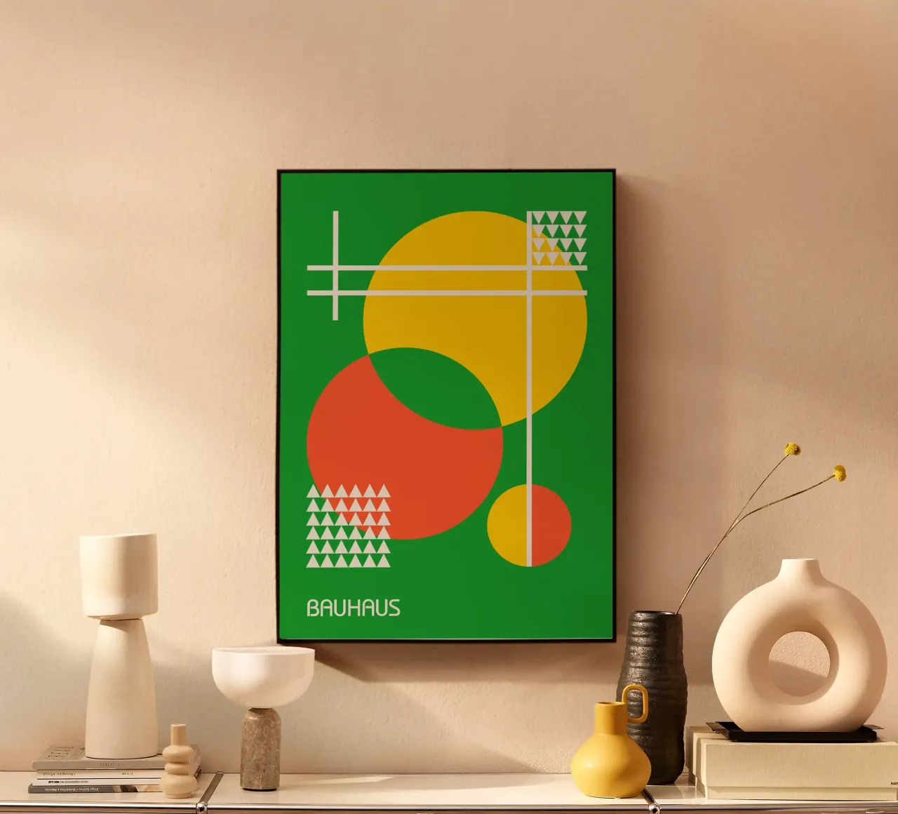 Cercles et triangles abstraits Bauhaus - Vert Jaune Orange alu dibond de Grungeo