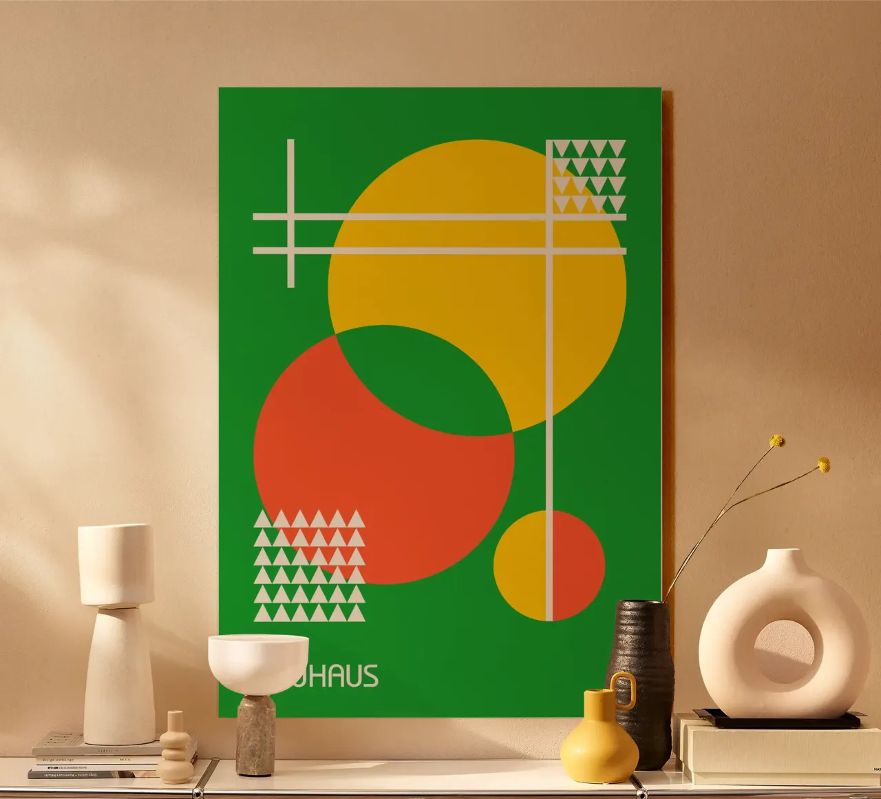 Cercles et triangles abstraits Bauhaus - Vert Jaune Orange alu dibond de Grungeo
