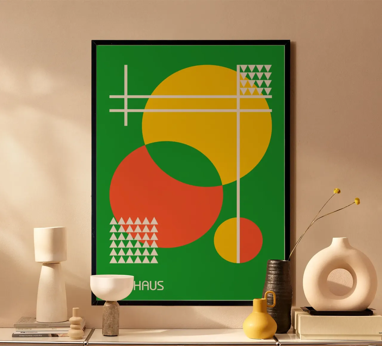 Cercles et triangles abstraits Bauhaus - Vert Jaune Orange hahnemühle de Grungeo