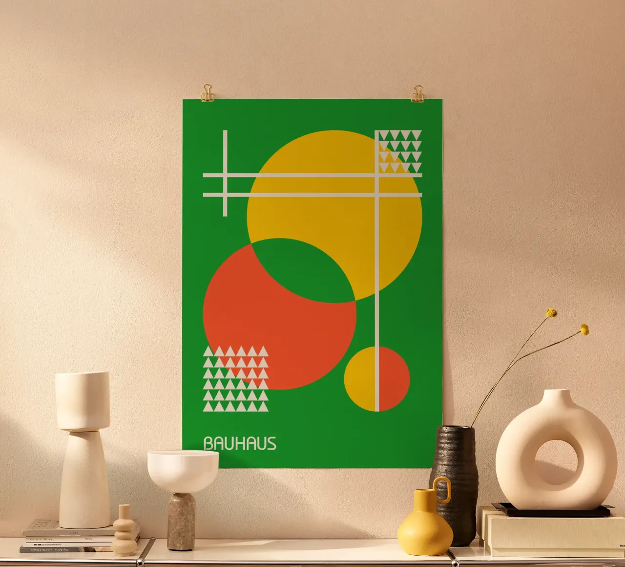 Cercles et triangles abstraits Bauhaus - Vert Jaune Orange hahnemühle de Grungeo