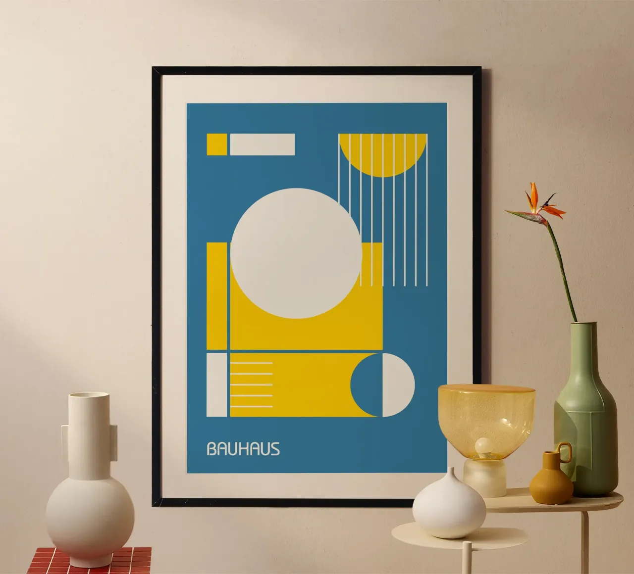 Bauhaus abstracte geometrie - blauw geel wit cirkels hahnemühle van Grungeo