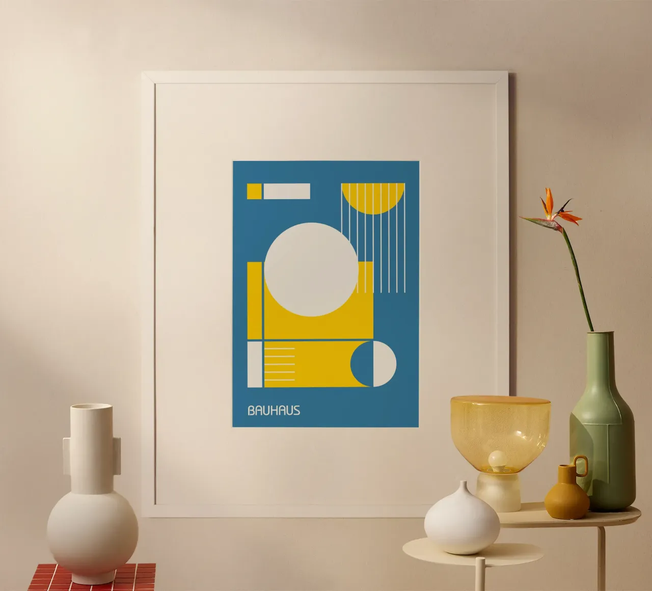 Bauhaus abstracte geometrie - blauw geel wit cirkels hahnemühle van Grungeo