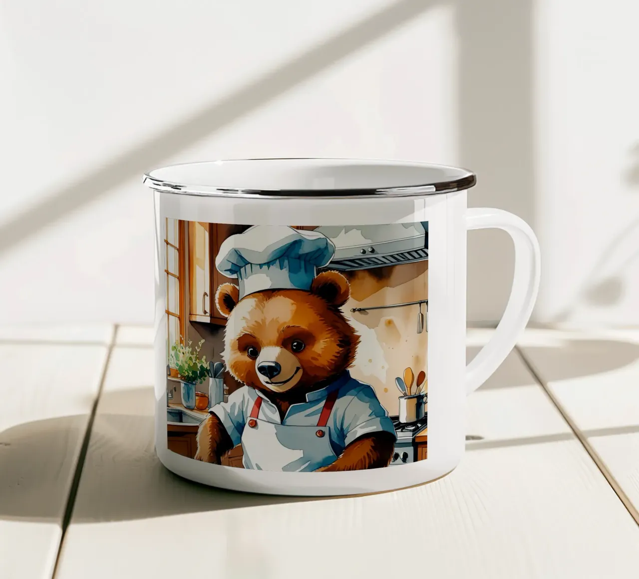 Orso chef che prepara una torta in cucina tazza in smalto da DesignDoodle