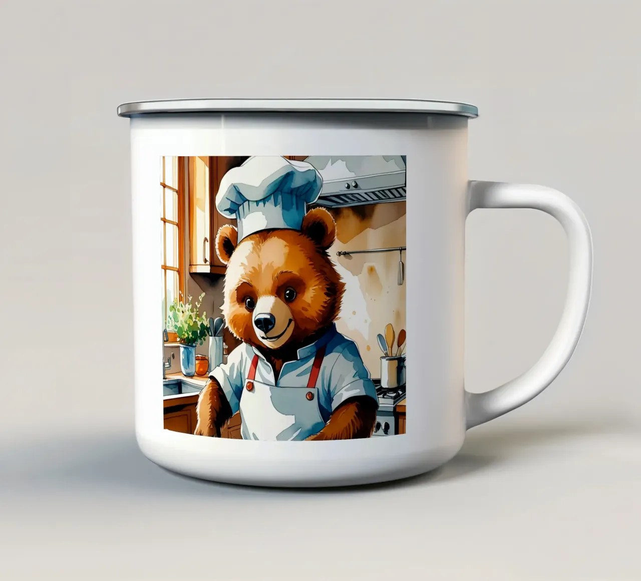 Orso chef che prepara una torta in cucina tazza in smalto da DesignDoodle