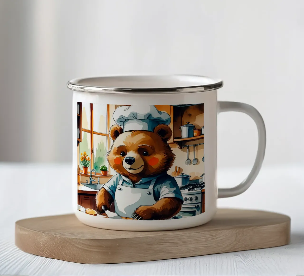Orso chef che affetta la torta in cucina tazza in smalto da DesignDoodle