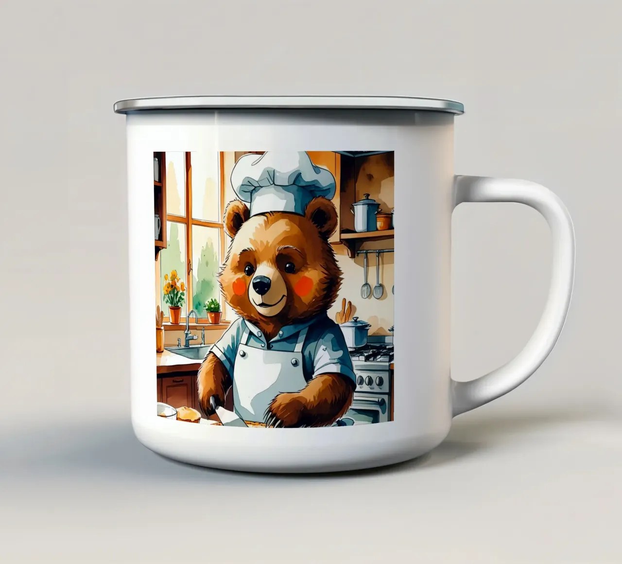 Orso chef che affetta la torta in cucina tazza in smalto da DesignDoodle
