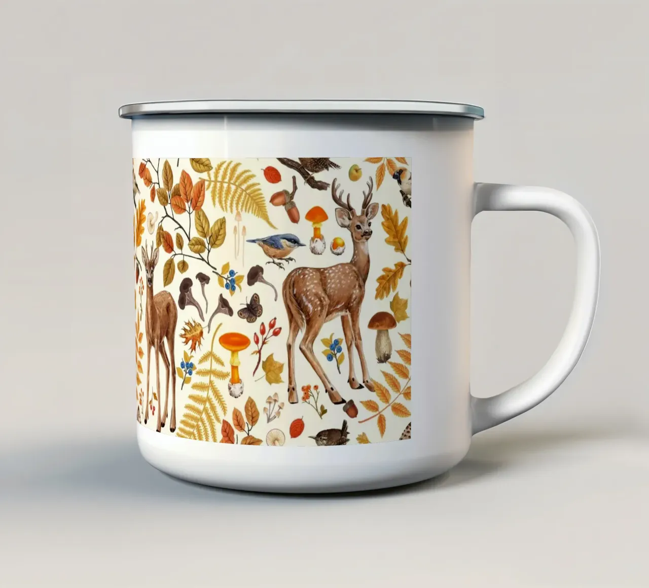 Fauna e flora autunnale su bianco sporco tazza in smalto da Painted Nature