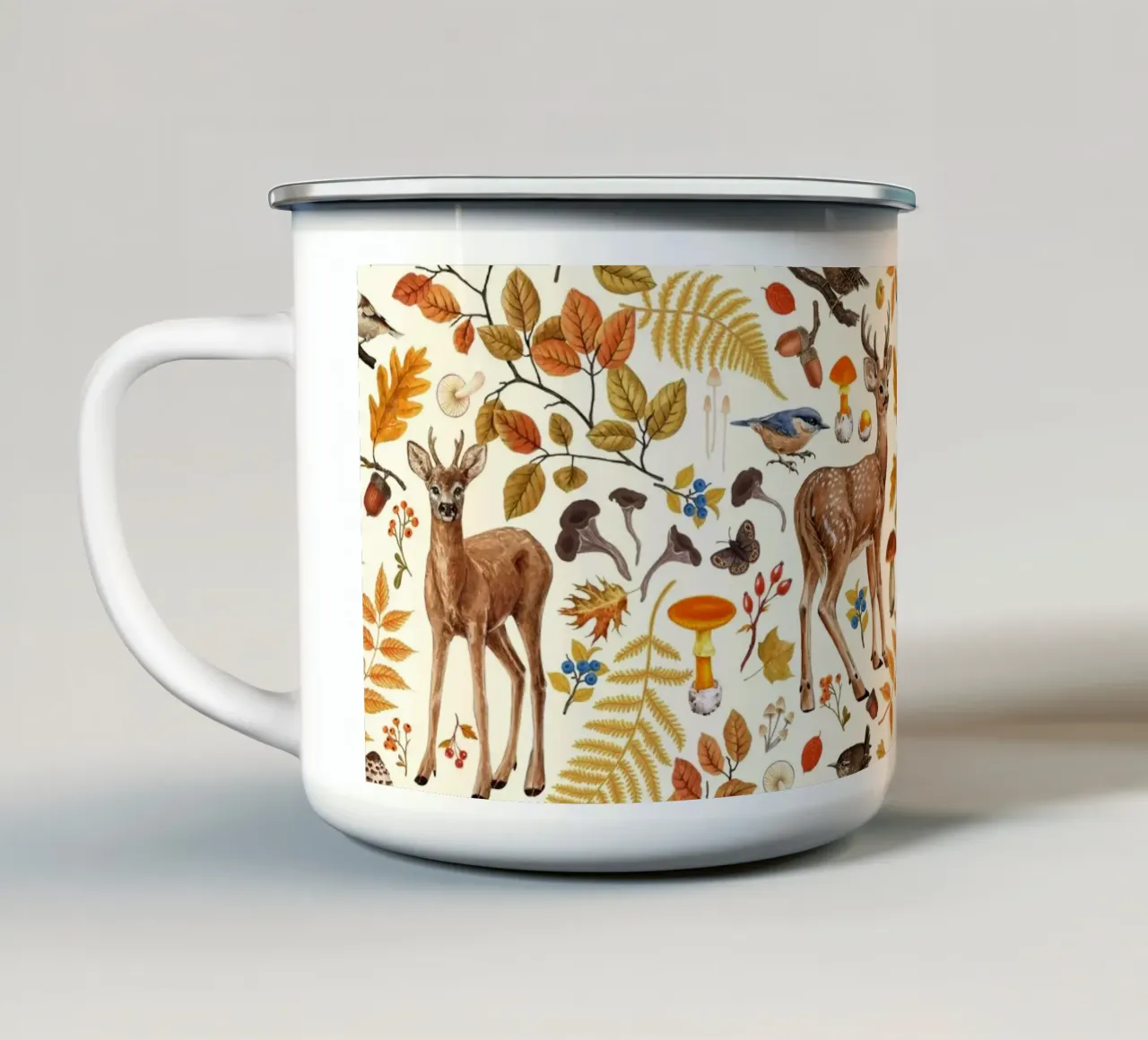Fauna e flora autunnale su bianco sporco tazza in smalto da Painted Nature