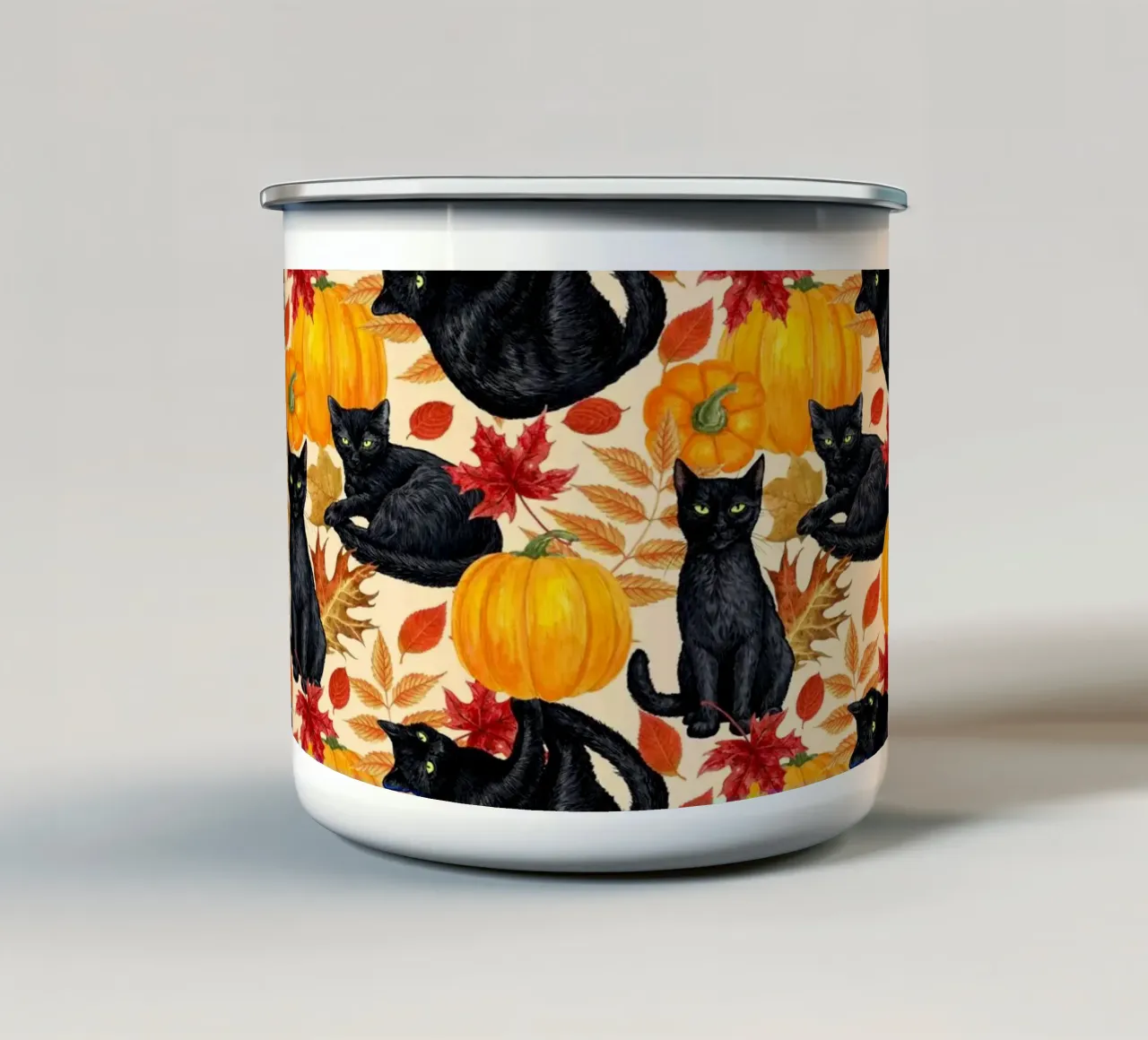 Gatti neri e zucche tazza in smalto da Painted Nature