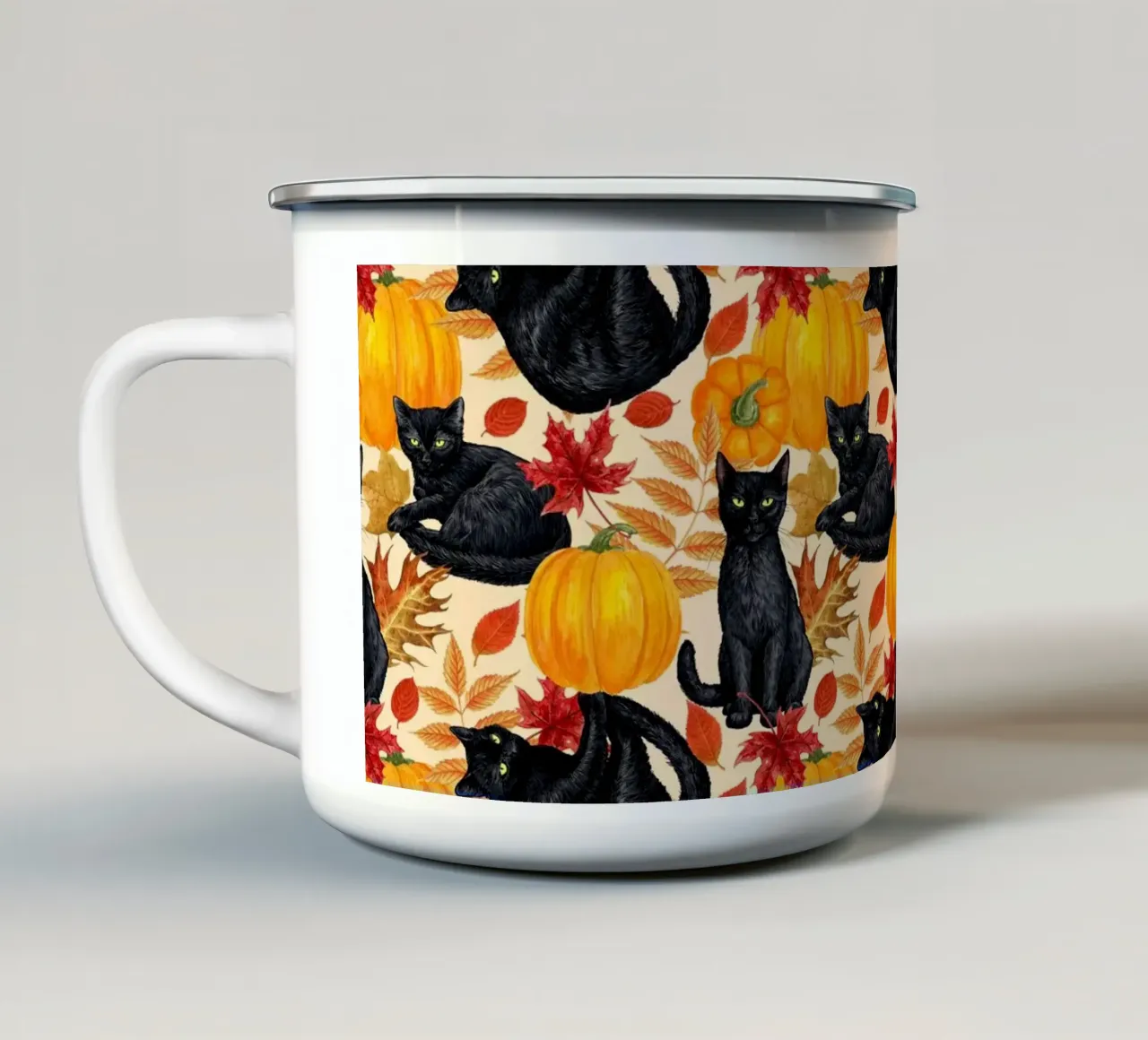 Gatti neri e zucche tazza in smalto da Painted Nature