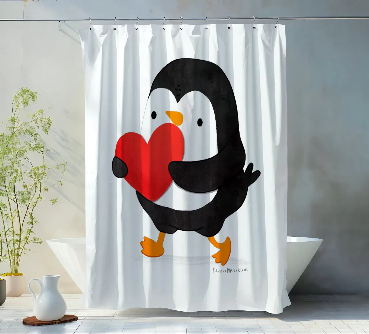 Penguin holding a big red heart tenda da doccia da julianamotzko