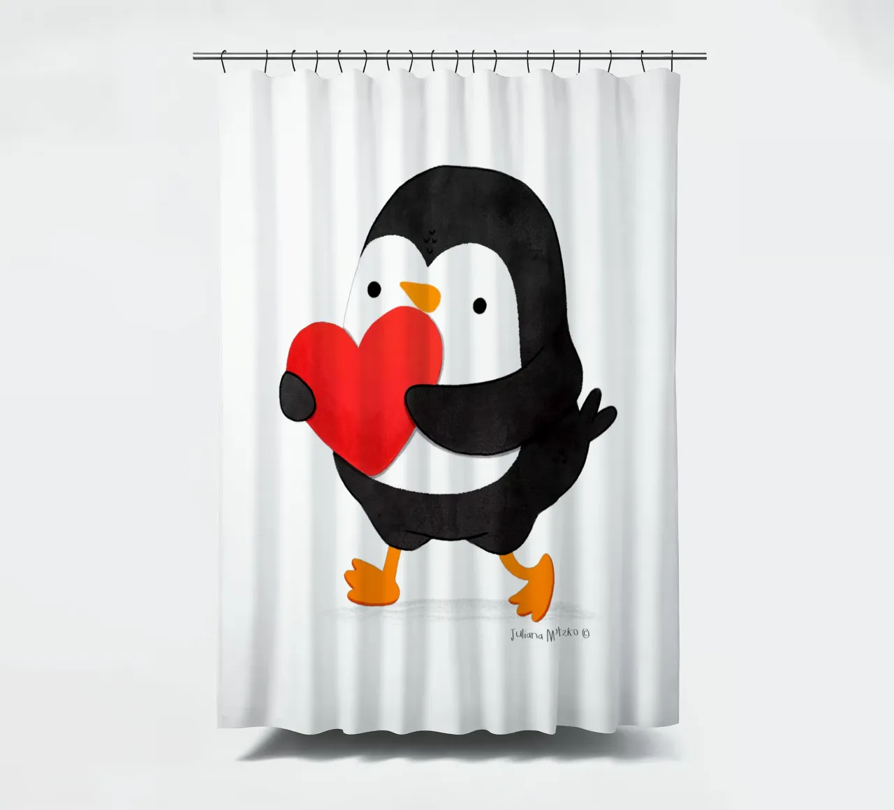 Penguin holding a big red heart tenda da doccia da julianamotzko