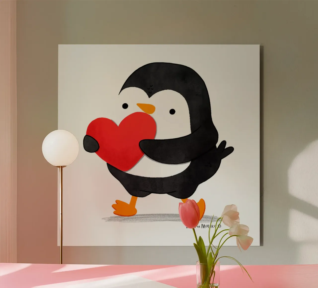 Penguin holding a big red heart alluminio dibond da julianamotzko
