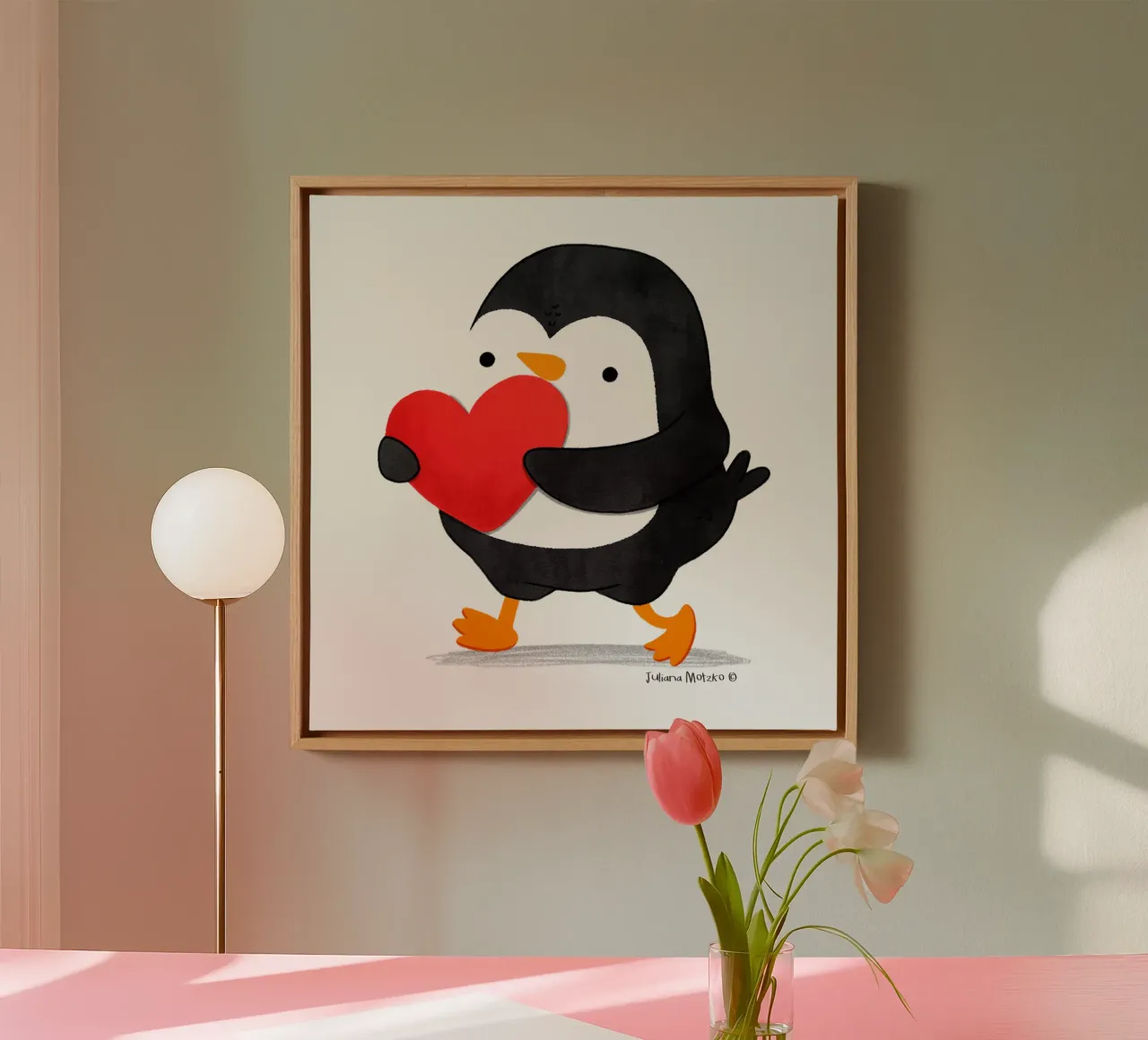 Penguin holding a big red heart tela con Cornice a cassetta da julianamotzko