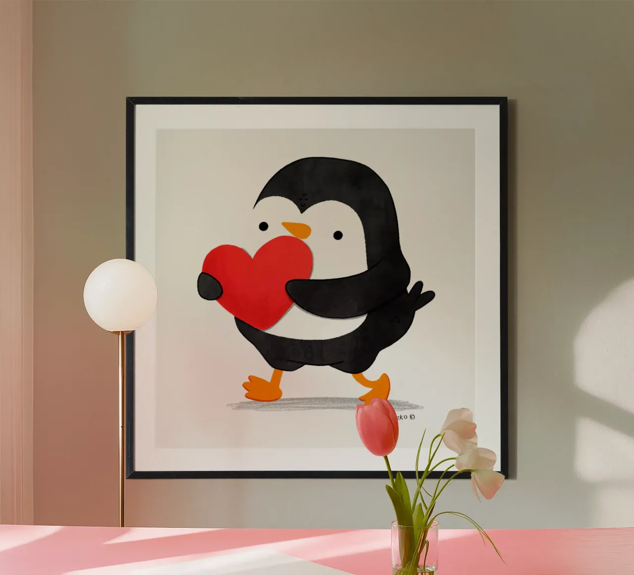 Penguin holding a big red heart carta hahnemühle da julianamotzko