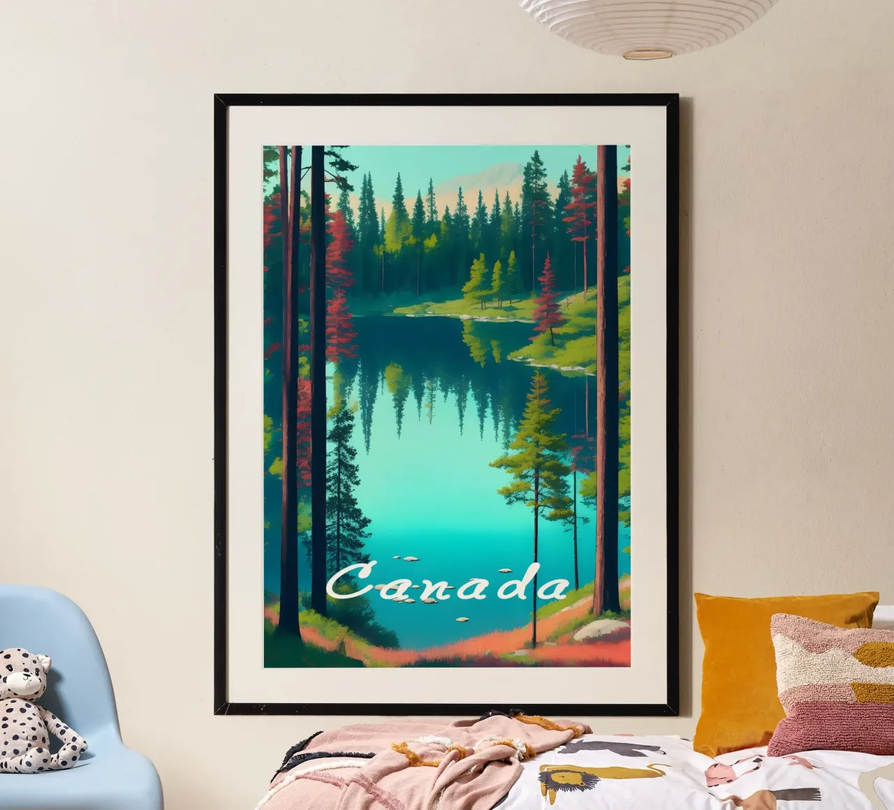 Poster di viaggio del lago Canada poster con telaio in legno da Charnwood Prints