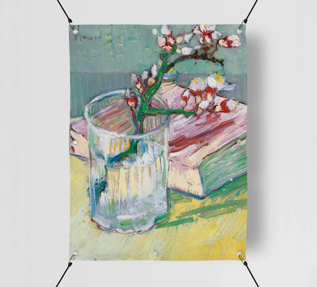 Branche d'amandier en fleur dans un verre avec un livre bâche pvc de Roy Terrell