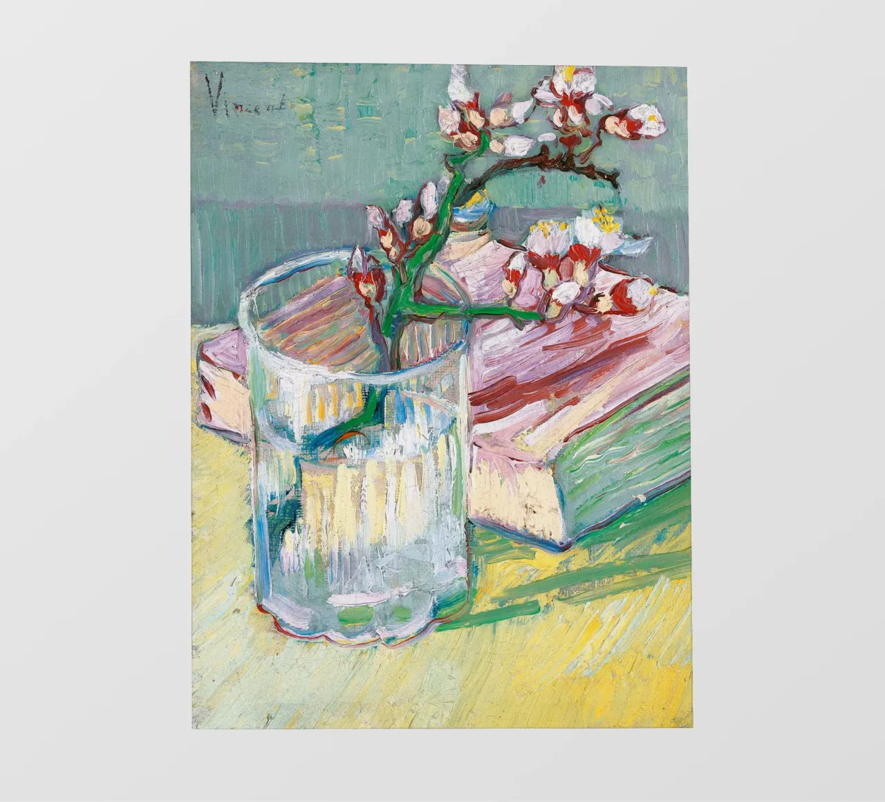 Branche d'amandier en fleur dans un verre avec un livre bâche pvc de Roy Terrell