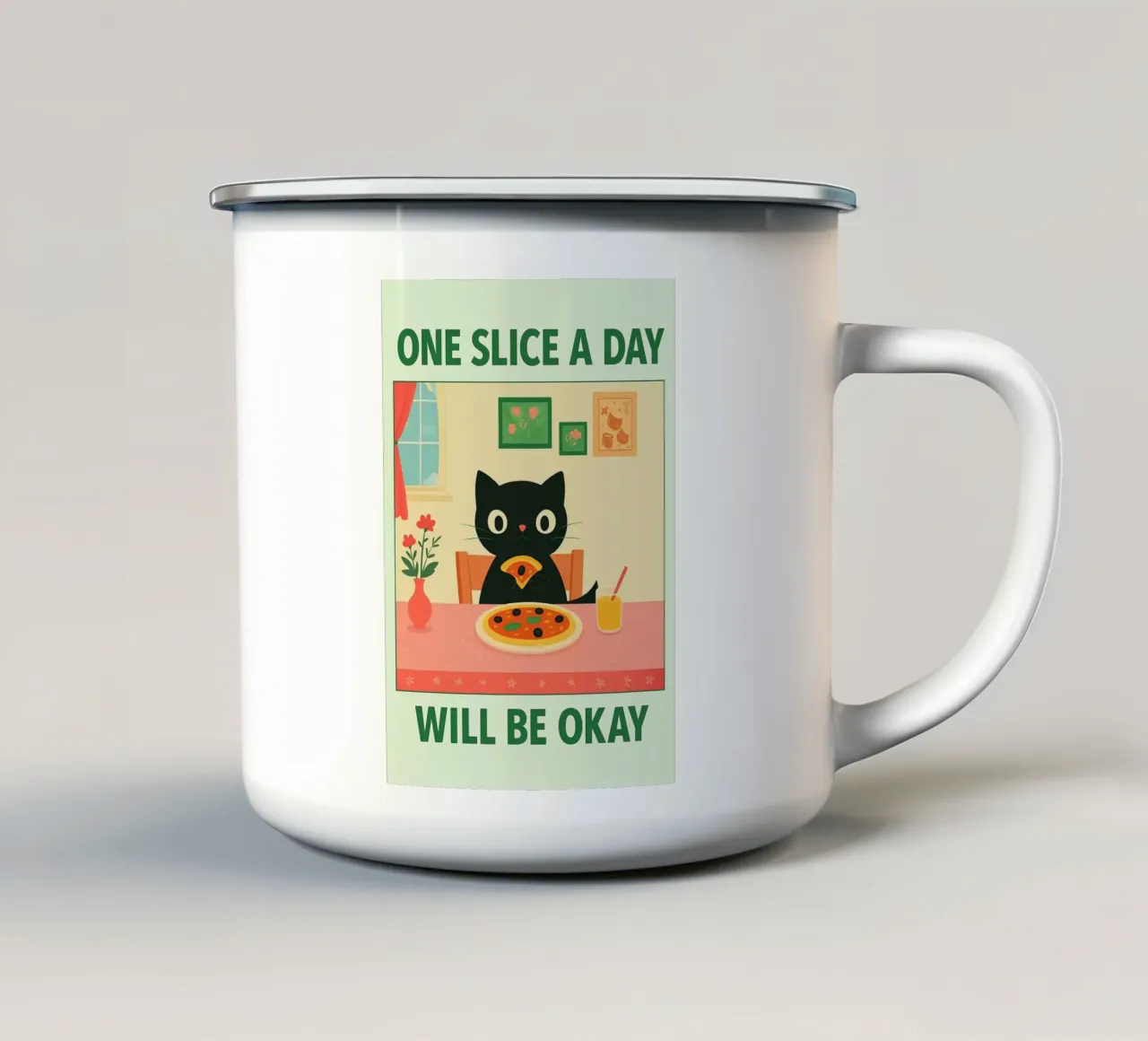 cat pizza une part par jour, c'est bien mug en émail de Avocadoz