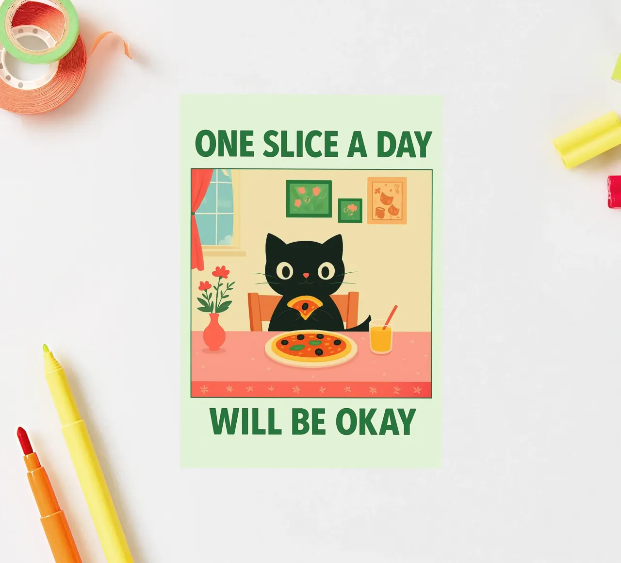 cat pizza une part par jour, c'est bien autocollant de Avocadoz