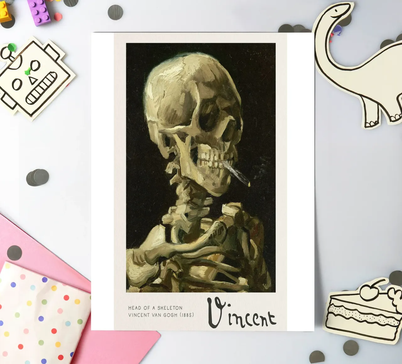 Kopf eines Skeletts mit einer brennenden Zigarette, 1885 Stickerbogen von Roy Terrell
