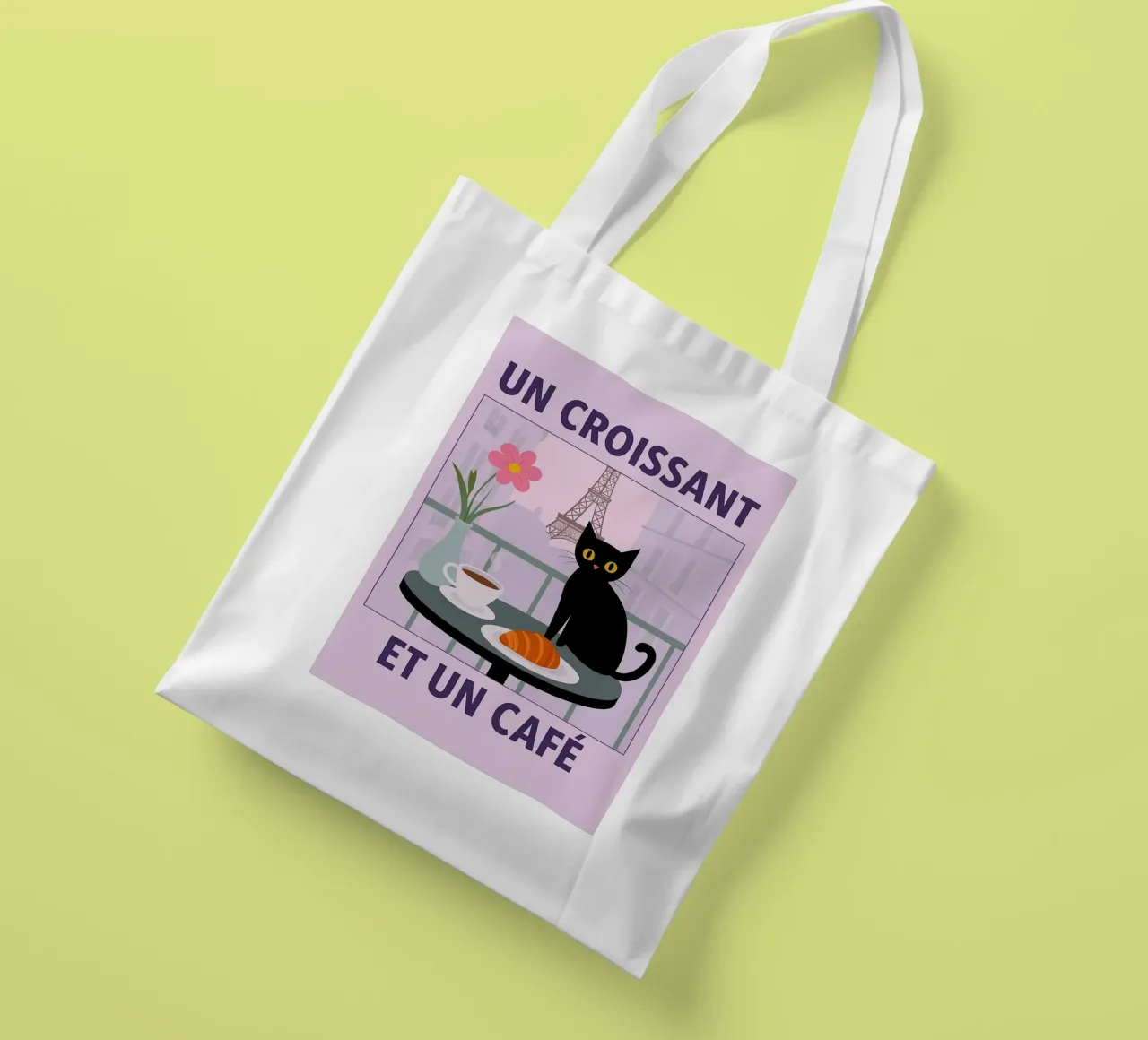 un croissantet un caffè gatto borsa in juta da Avocadoz