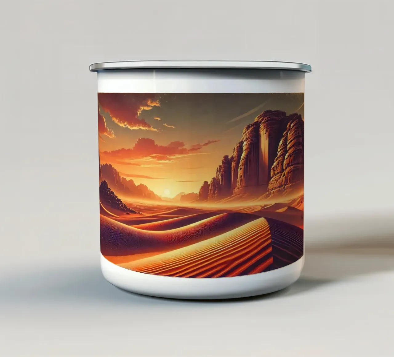Poster d'epoca della Giordania, deserto del Wadi Rum tazza in smalto da Wanderlust Vibes