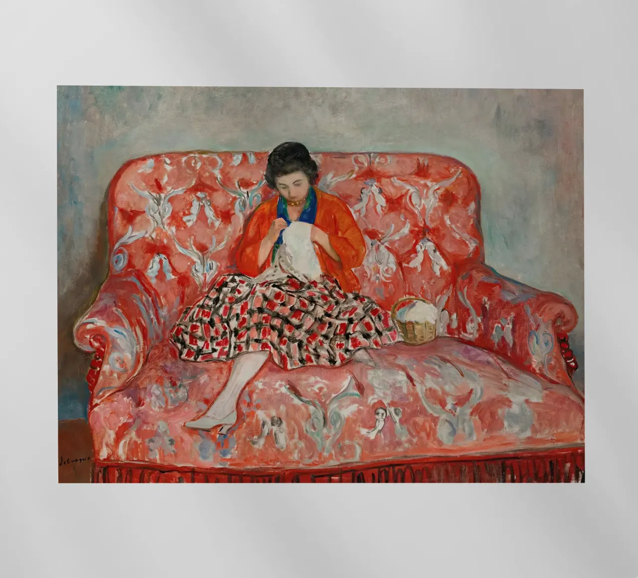 Giovane ragazza che cuce su un divano di Henri Lebasque pellicola backlit da Roy Terrell