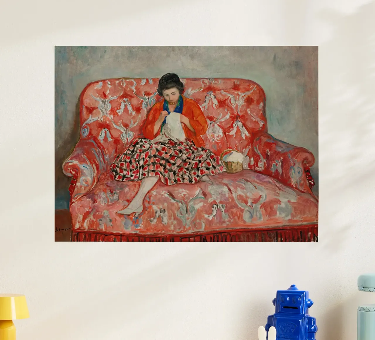 Giovane ragazza che cuce su un divano di Henri Lebasque poster da Roy Terrell