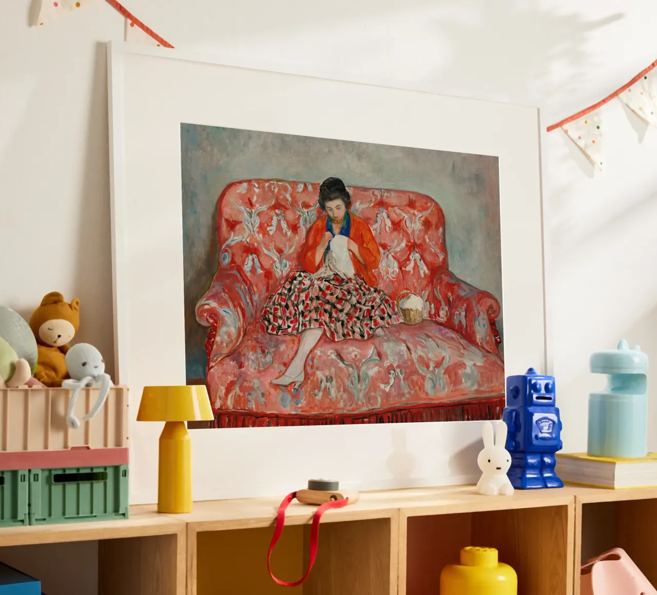 Giovane ragazza che cuce su un divano di Henri Lebasque poster da Roy Terrell