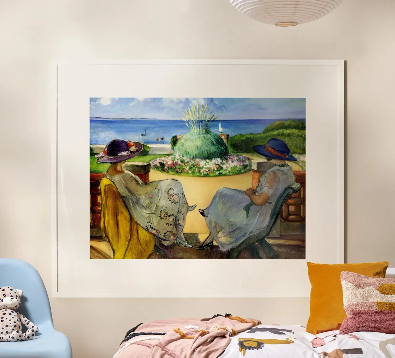 Due donne su una terrazza in riva al mare poster da Roy Terrell