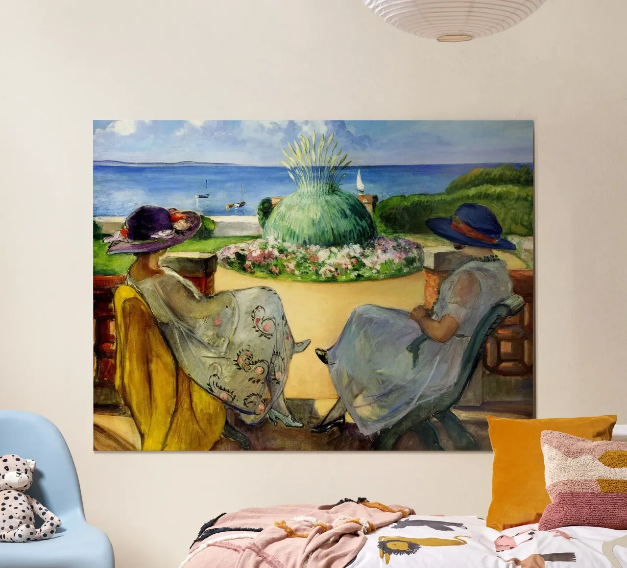 Due donne su una terrazza in riva al mare poster da Roy Terrell