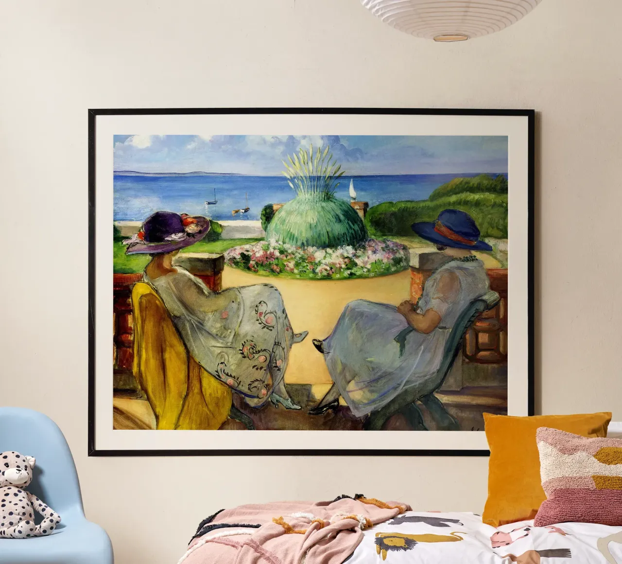 Due donne su una terrazza in riva al mare poster da Roy Terrell