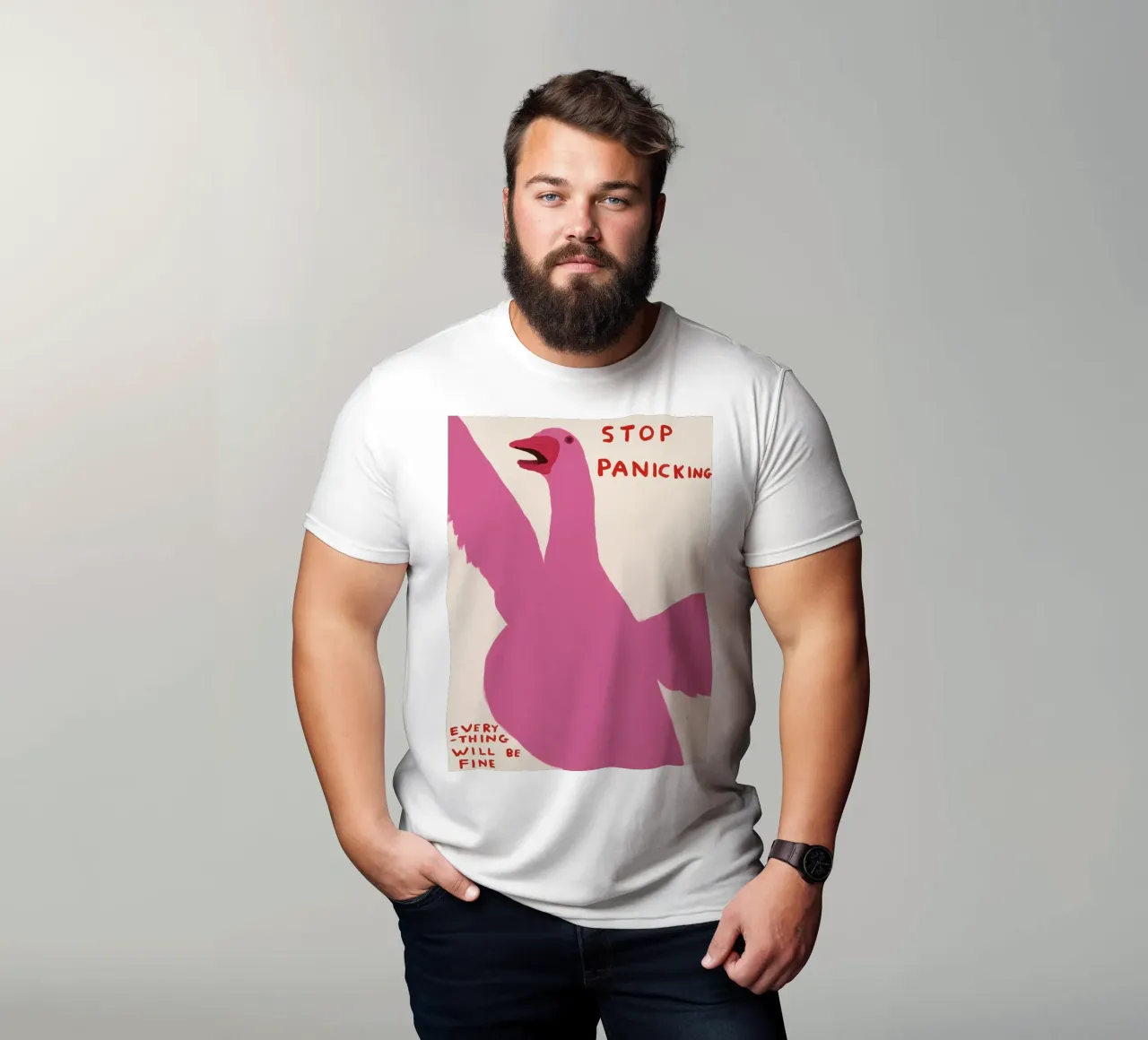 Stop Panicking David Shrigley Pink Swan t-shirt da RANDER J