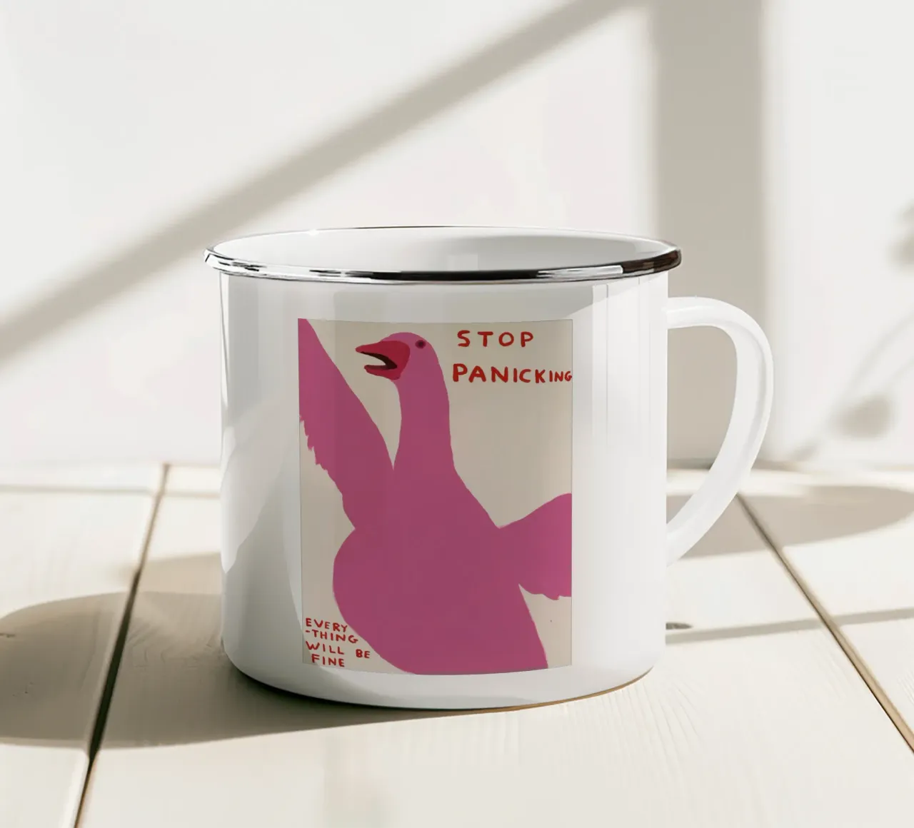 Stop Panicking David Shrigley Pink Swan tazza in smalto da RANDER J