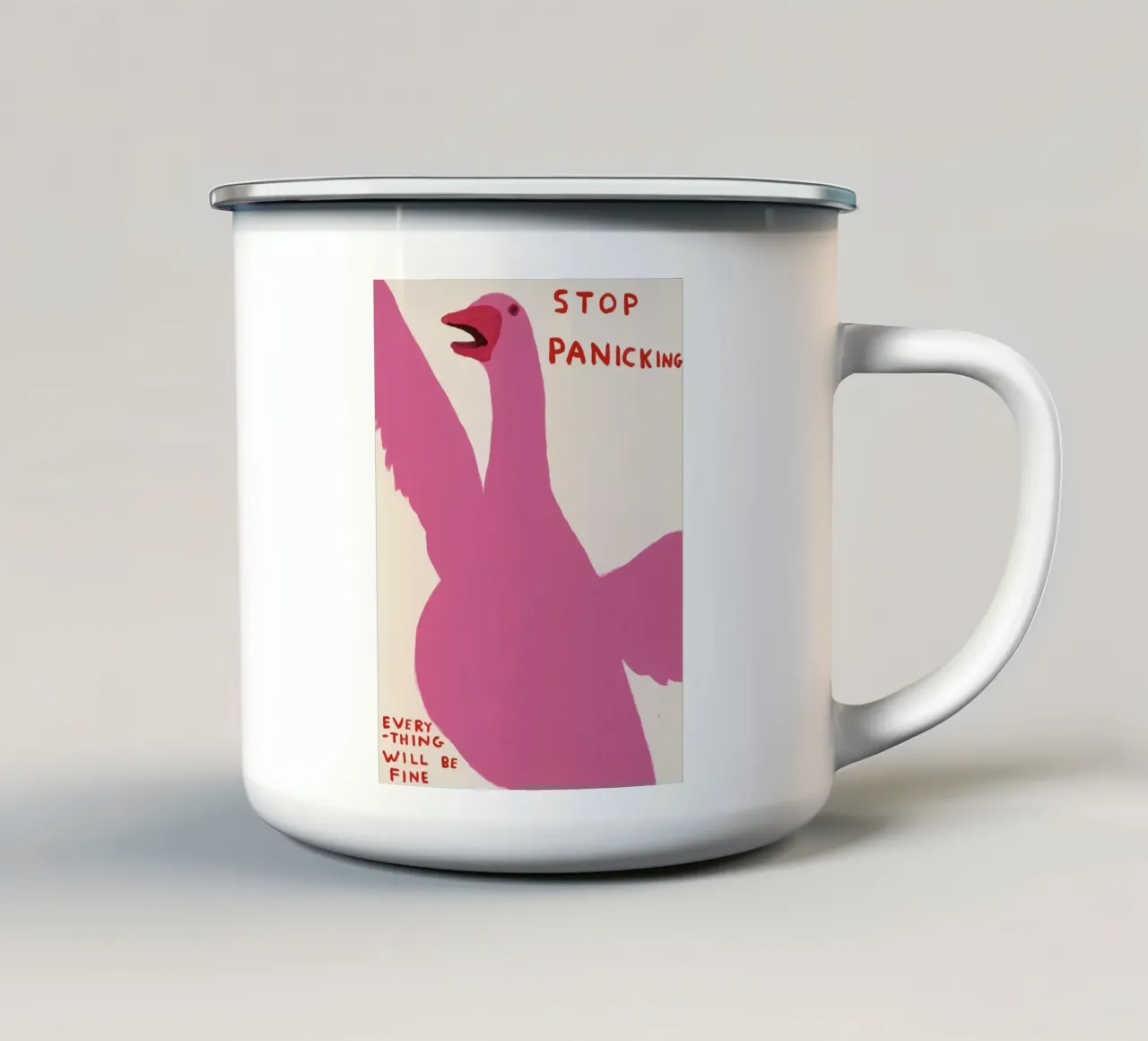 Stop Panicking David Shrigley Pink Swan tazza in smalto da RANDER J