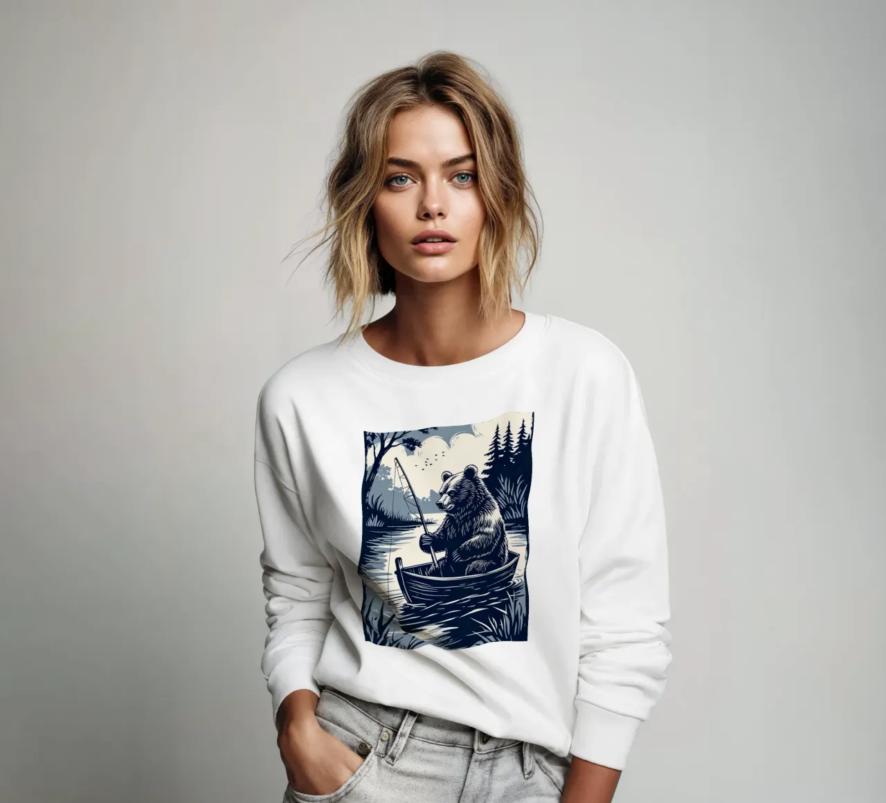 Bär beim Fischen in einem Boot Sweatshirt von DesignDoodle