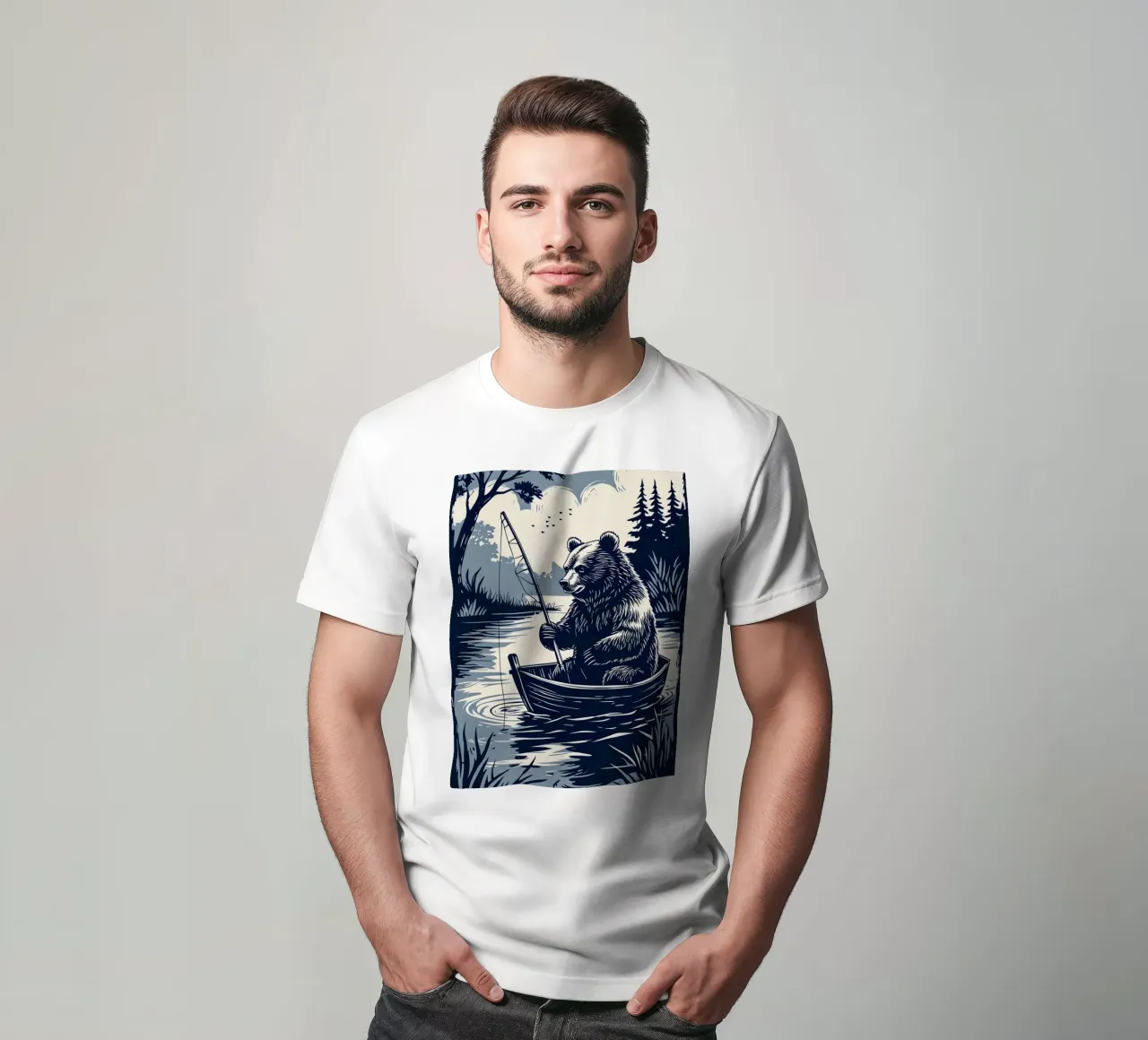 Bär beim Fischen in einem Boot T-Shirt von DesignDoodle