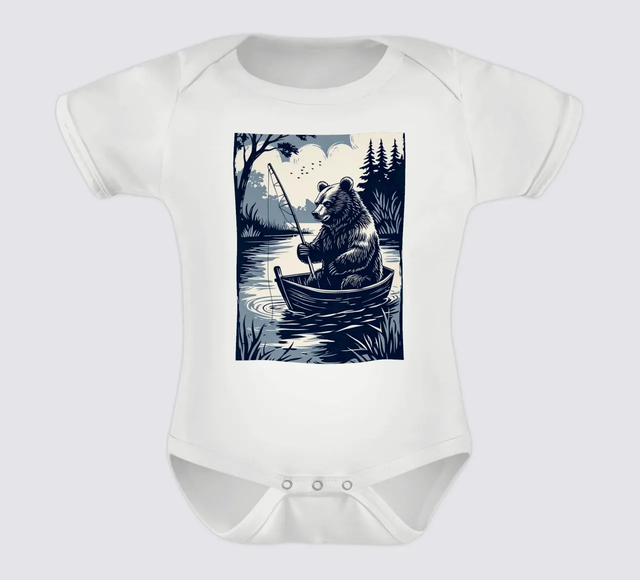 Bär beim Fischen in einem Boot Kurzarm Babybody von DesignDoodle