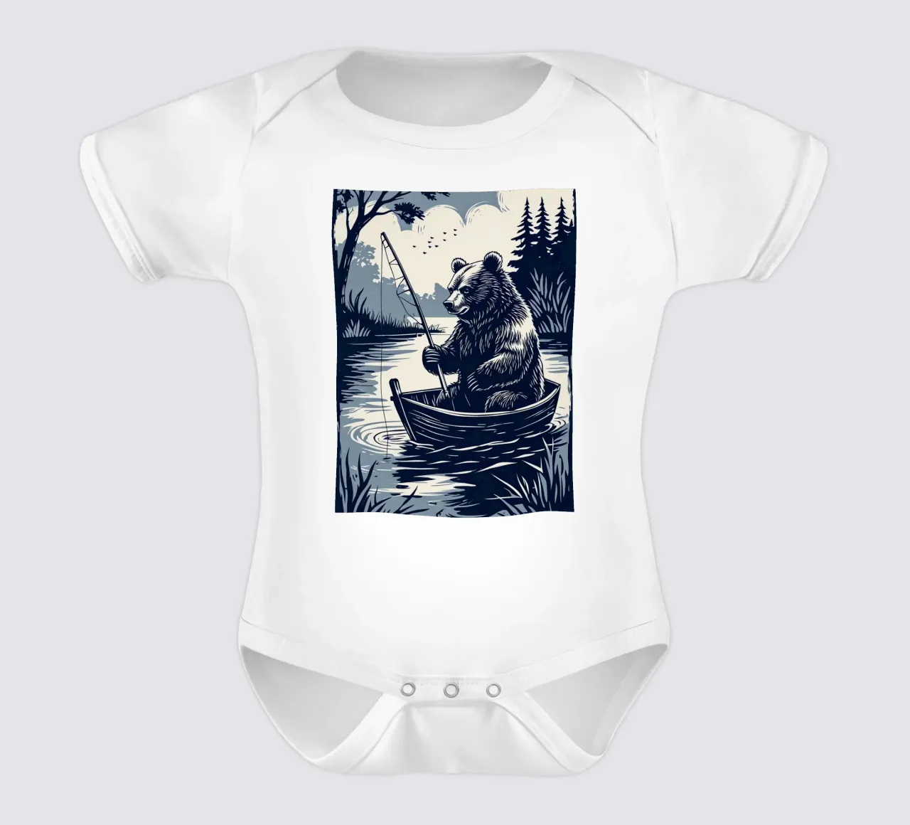 Bär beim Fischen in einem Boot Kurzarm Babybody von DesignDoodle