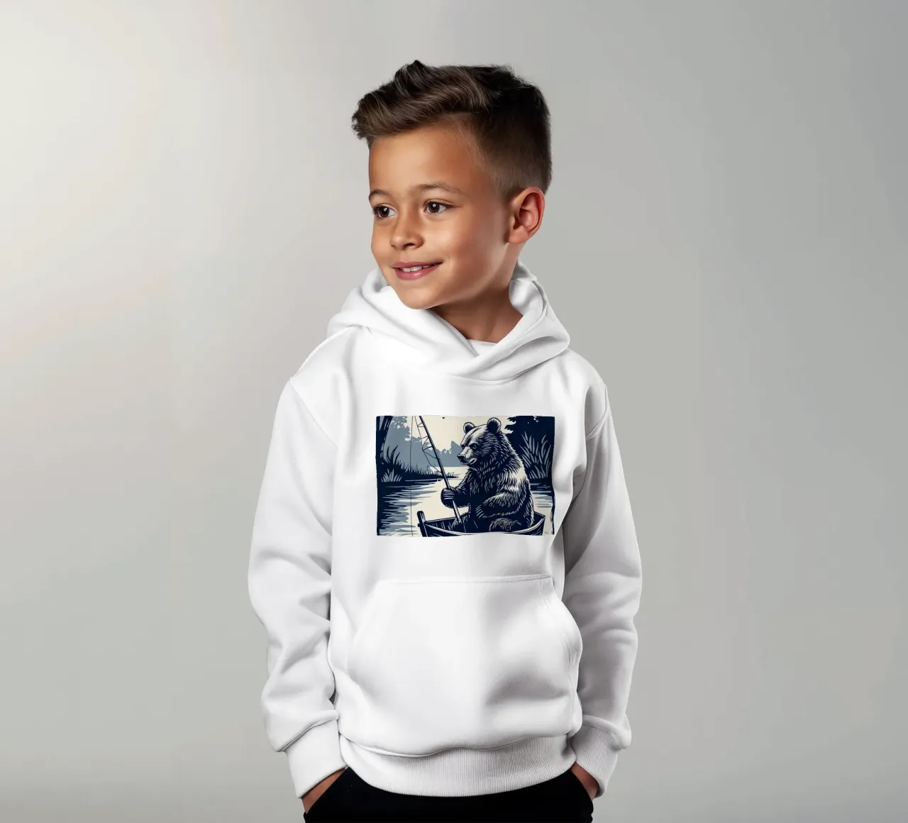 Orso che pesca in barca felpa bambino con cappuccio da DesignDoodle