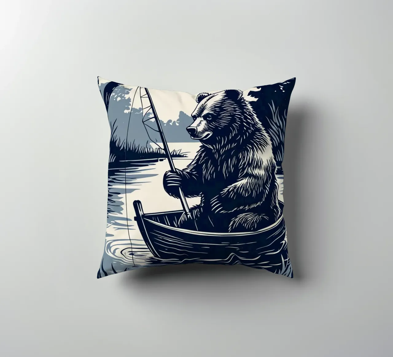Orso che pesca in barca cuscino da DesignDoodle